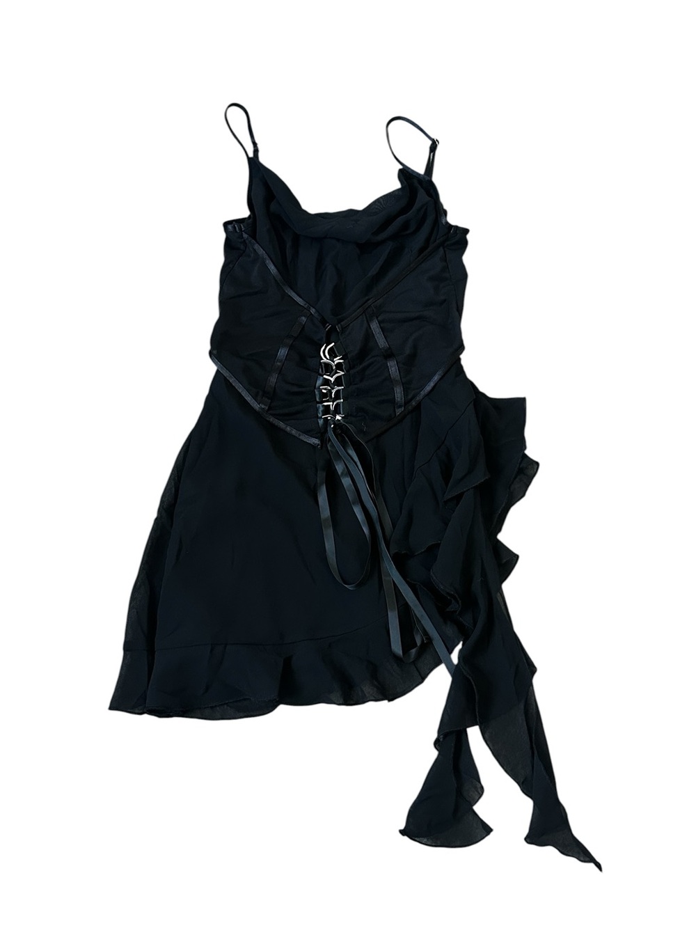 Black Mesh Corset Dress Lace Up Waist Ruffle Side Victorian Gothic Whimsygoth